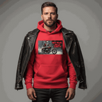 Man wearing red Not Your Jolly Santa hoodie with motorcycle graphic and black leather jacket over shoulders