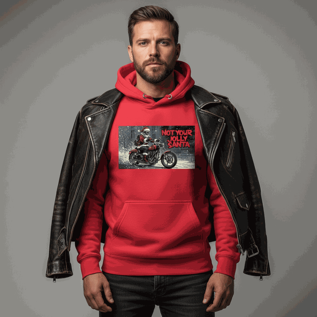Man wearing red Not Your Jolly Santa hoodie with motorcycle graphic and black leather jacket over shoulders