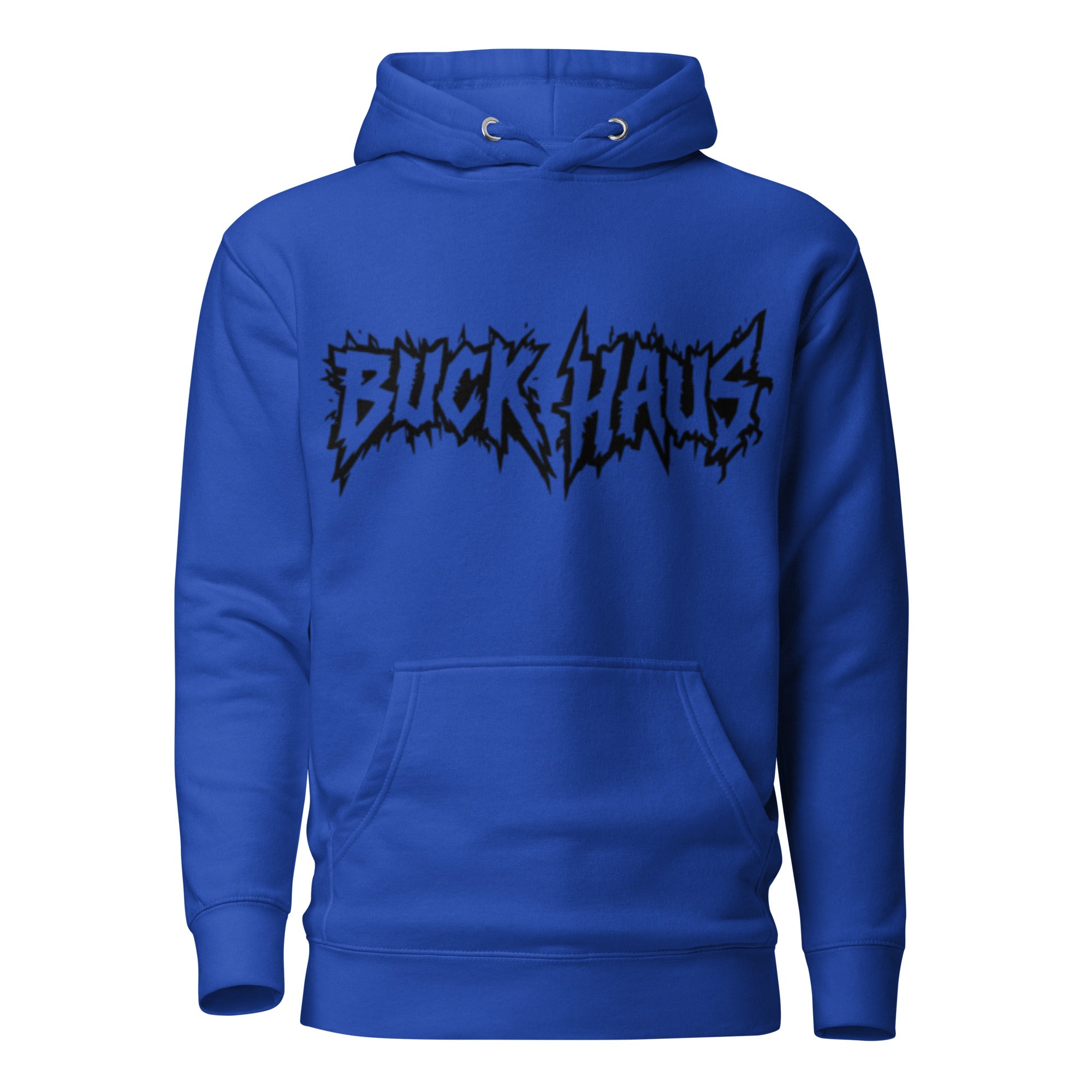 Blue Buckhaus Print Hoodie with front pocket and adjustable hood, unisex design, cozy cotton blend sweatshirt
