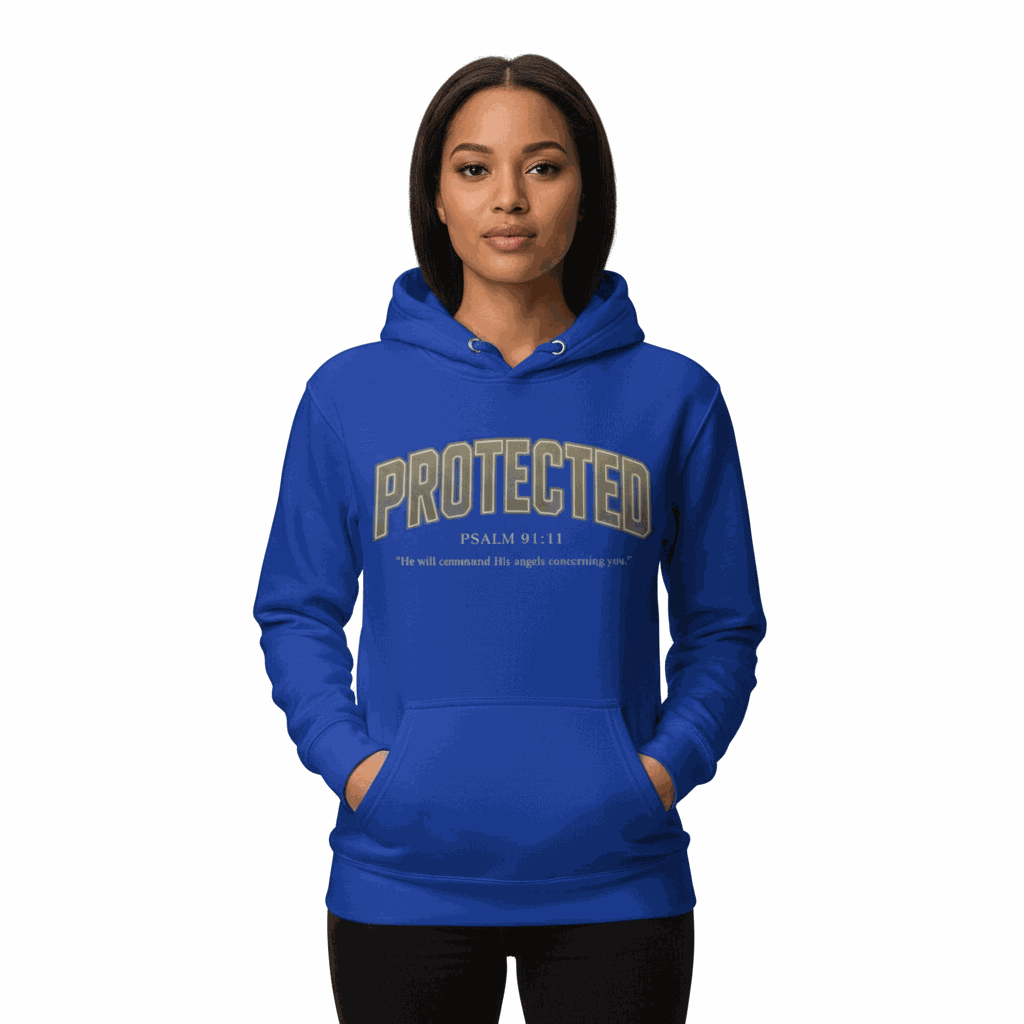 Blue Protected Unisex Hoodie with front pouch pocket and Psalm 91:11 print worn by woman