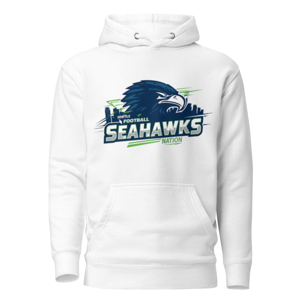 White Seahauk's Unisex Hoodie with front pouch pocket and Seahawks logo design