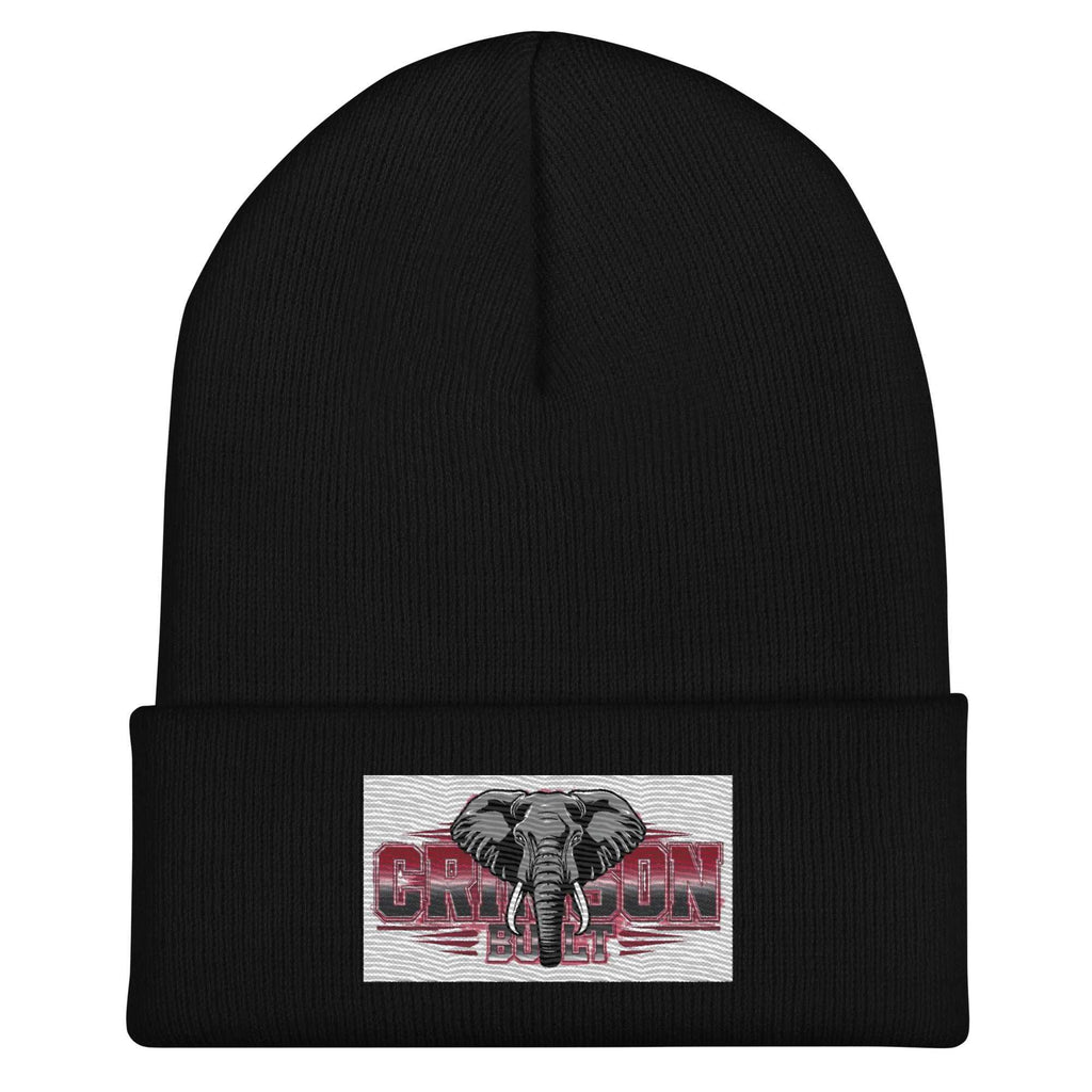 Black Crimson Cuffed Beanie with elephant logo patch, snug fit, 100% turbo acrylic, unisex winter hat