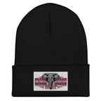 Black Crimson Cuffed Beanie with elephant logo patch, snug fit, 100% turbo acrylic, unisex winter hat