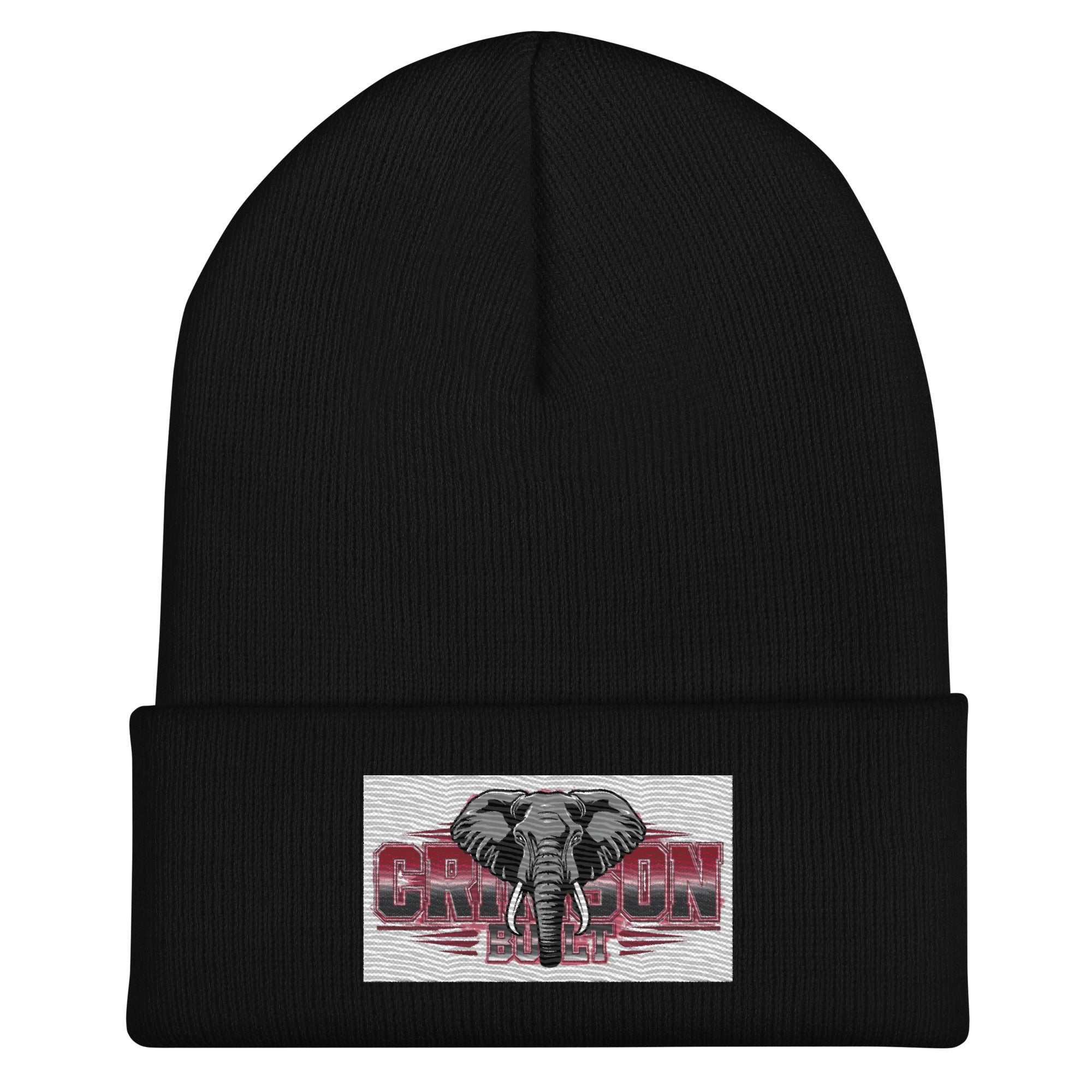 Black Crimson Cuffed Beanie with elephant logo patch, snug fit, 100% turbo acrylic, unisex winter hat