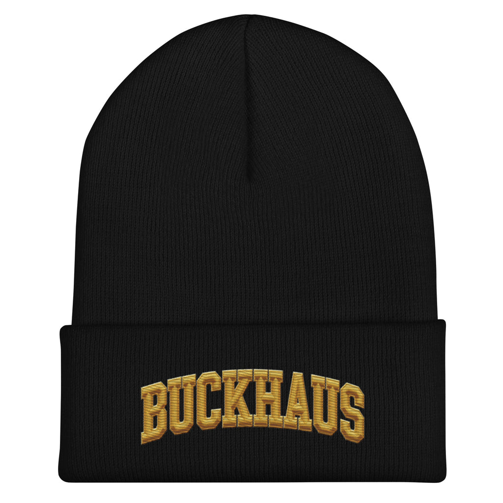 Black Buckhaus embroidered cuffed beanie, snug fit, unisex, 100% turbo acrylic knit hat