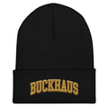 Black Buckhaus embroidered cuffed beanie, snug fit, unisex, 100% turbo acrylic knit hat