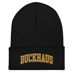 Black Buckhaus embroidered cuffed beanie, snug fit, unisex, 100% turbo acrylic knit hat