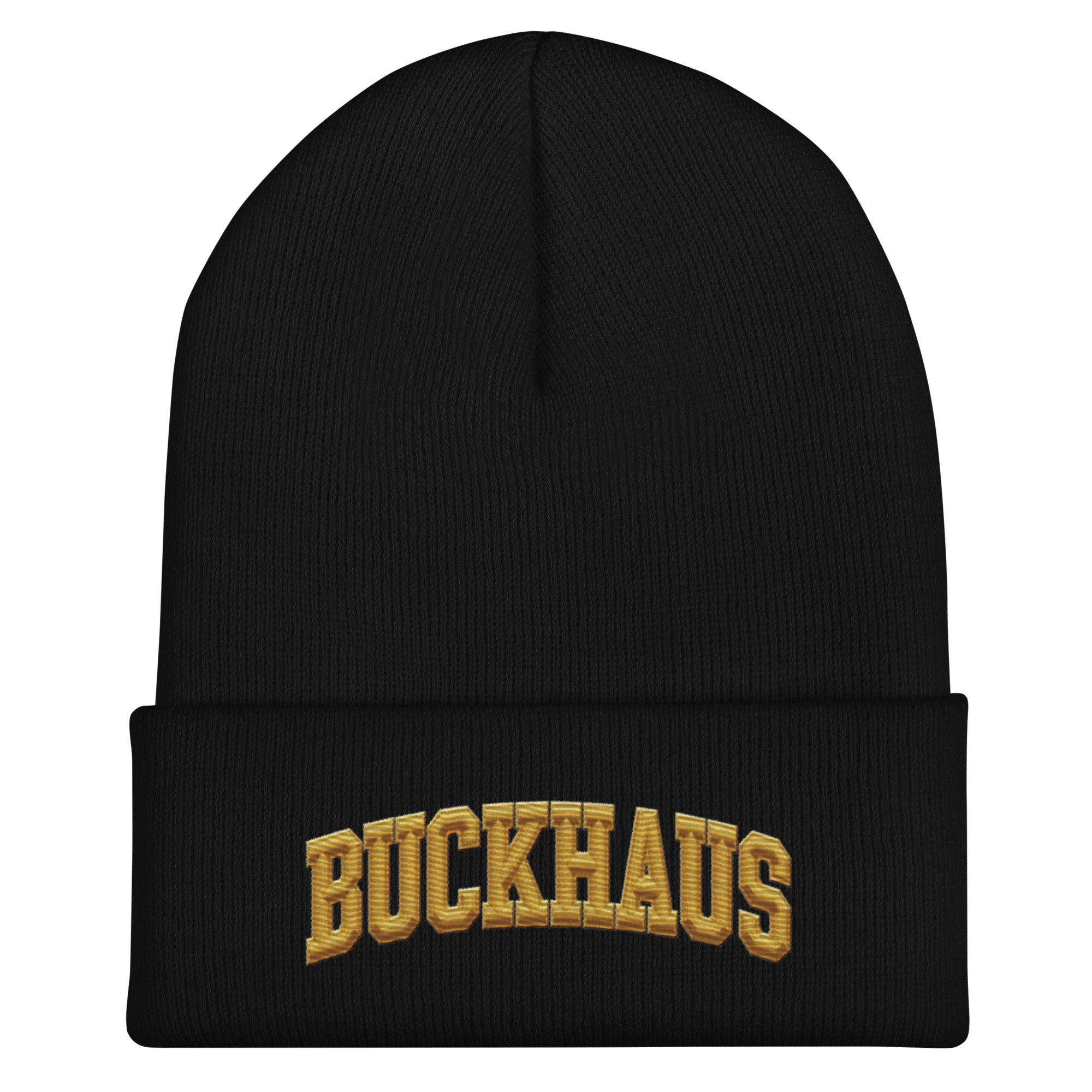 Black Buckhaus embroidered cuffed beanie, snug fit, unisex, 100% turbo acrylic knit hat