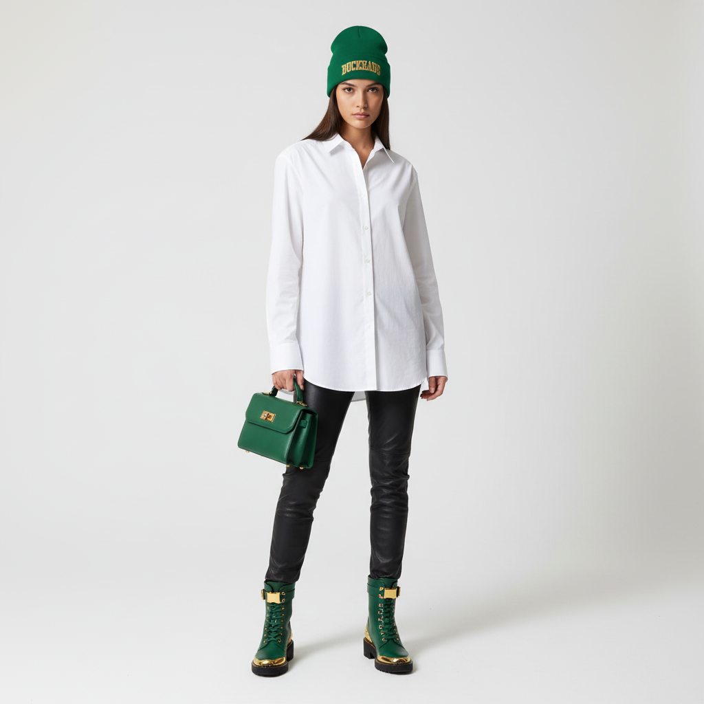 Woman wearing green Buckhaus embroidered beanie, white shirt, black pants, and green boots with handbag