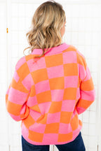 Sachet Pink Checkered Colorblock Long Sleeve Pullover Sweater