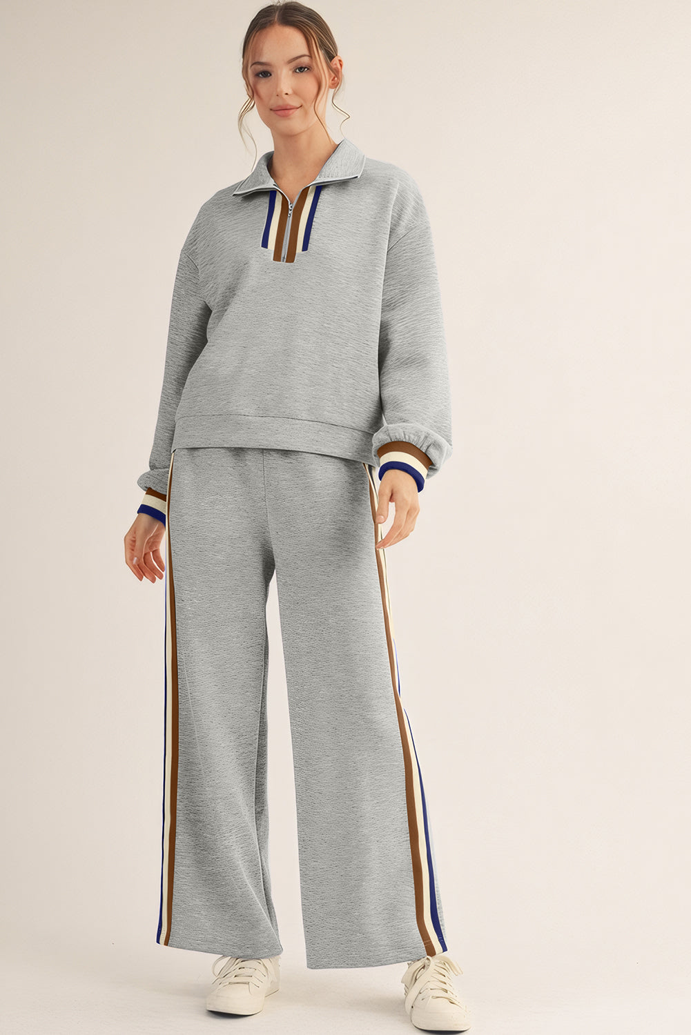 Gray Striped Patchwork Quarter Zip Pullover Loose Pants Set