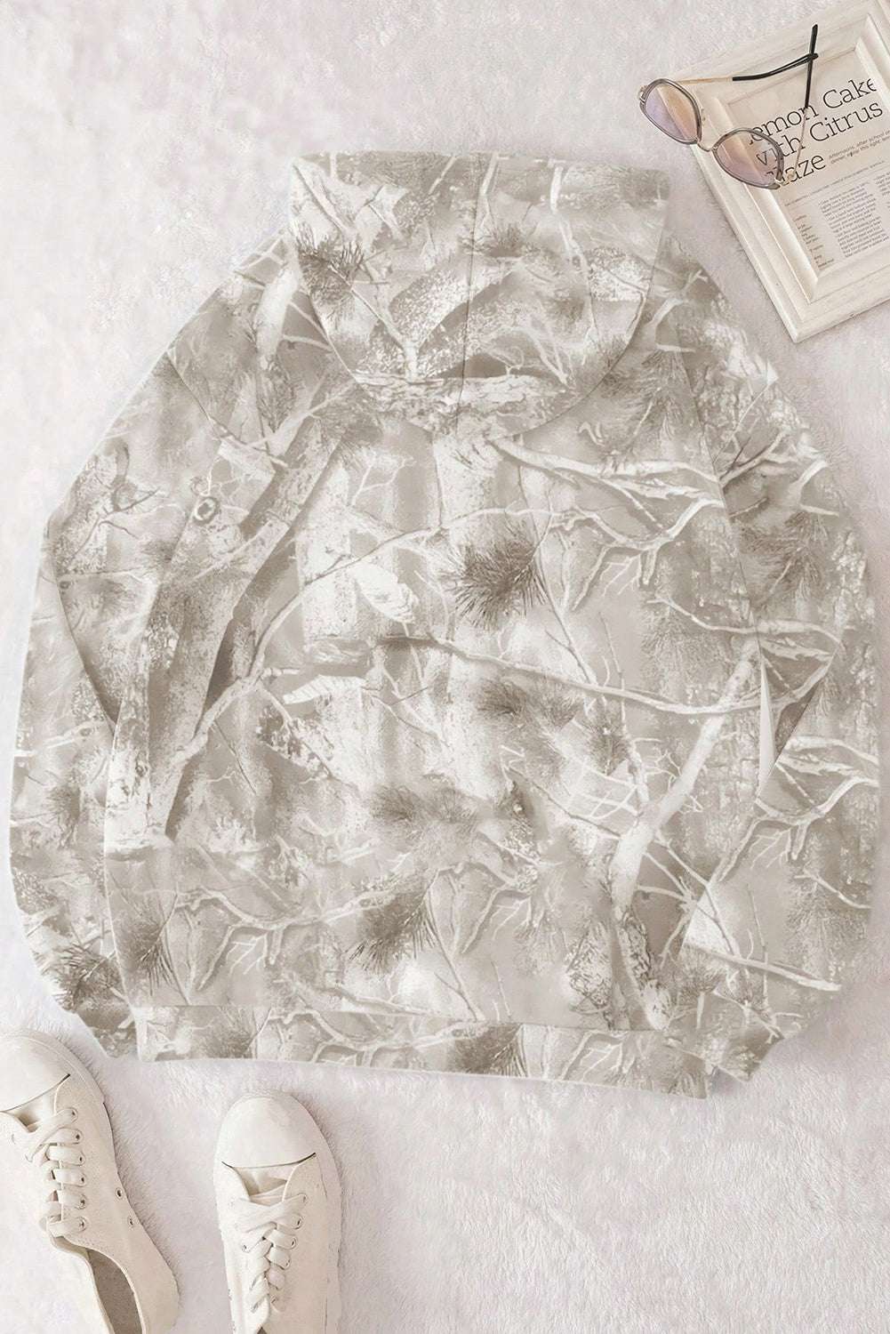 Beige Camouflage Plant Print Kangaroo Pocket Oversized Hoodie