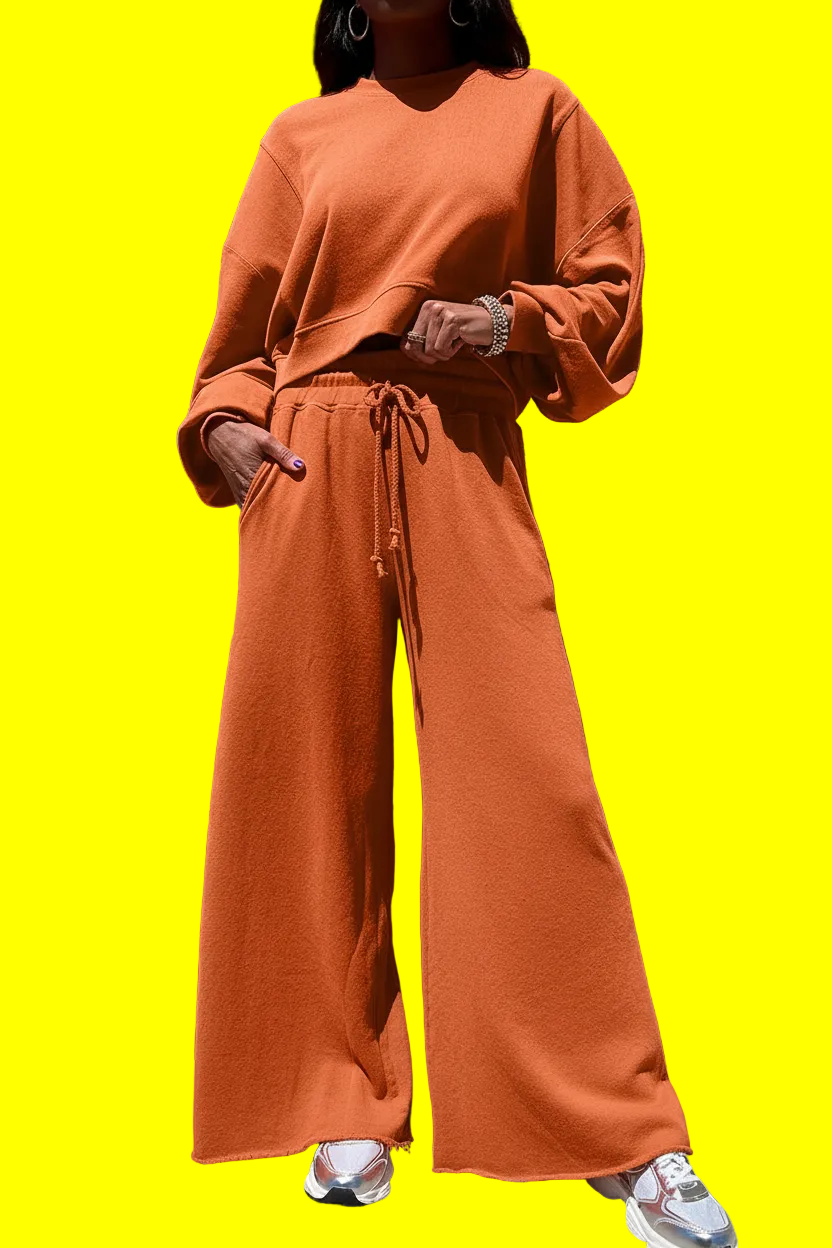 Flamingo Drop Shoulder Crop Pullover Drawstring Wide Leg Pants Set