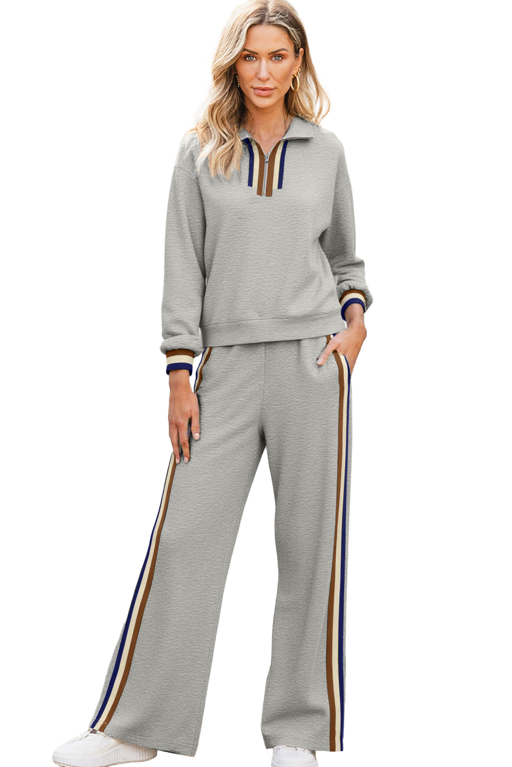 Gray Striped Patchwork Quarter Zip Pullover Loose Pants Set