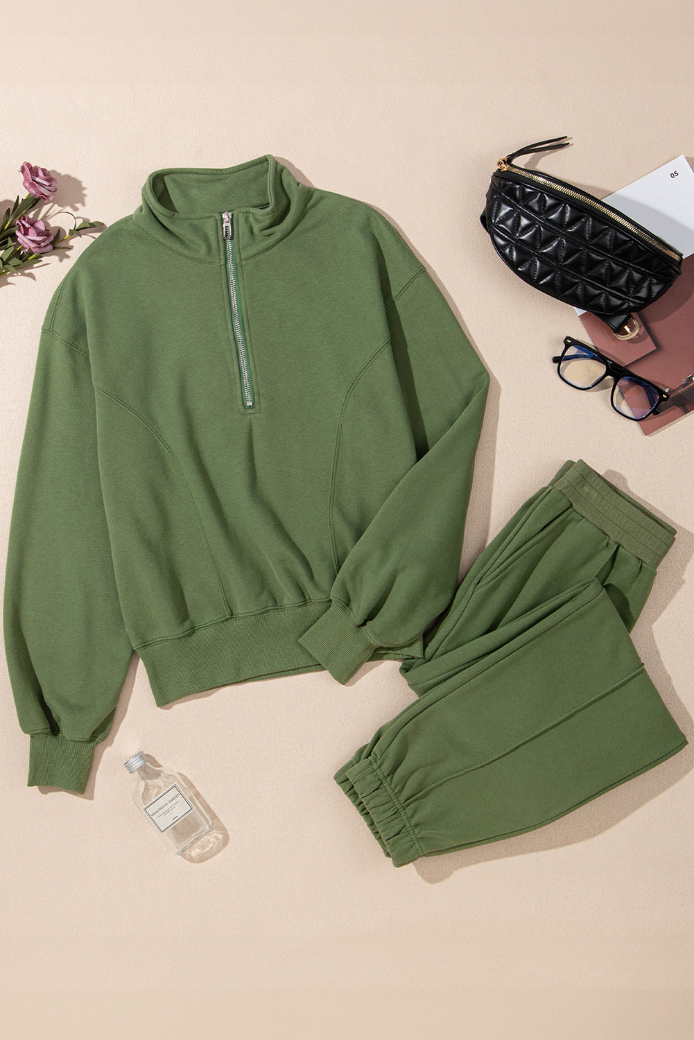 Vineyard Green Half Zip up Pullover Active Top and Joggers Set