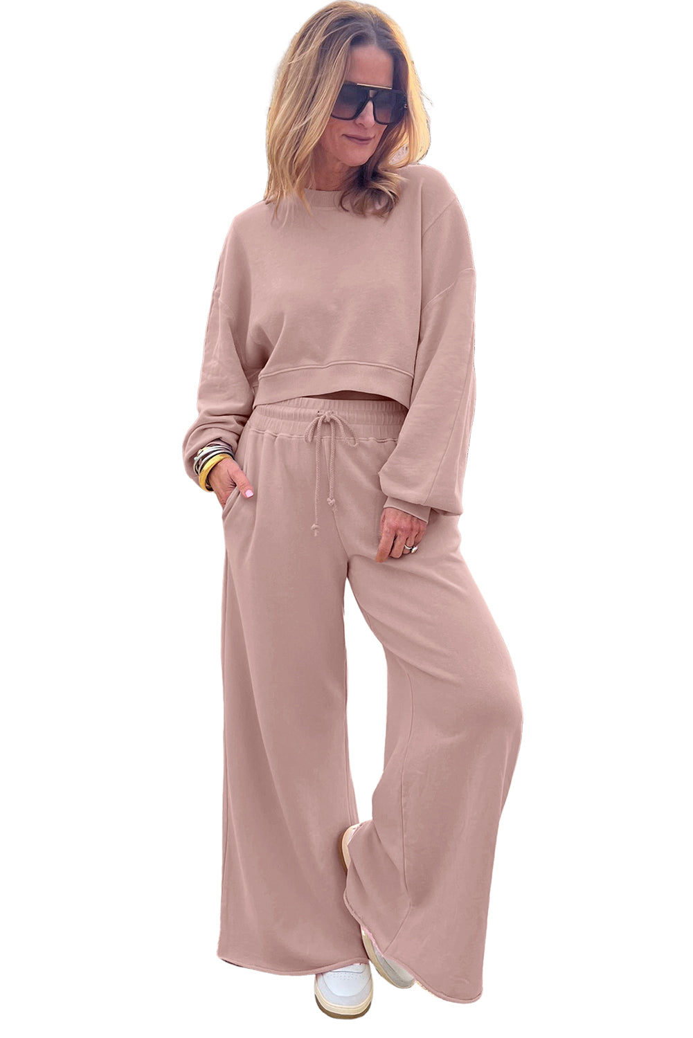 Light Pink Drop Shoulder Crop Pullover Drawstring Wide Leg Pants Set