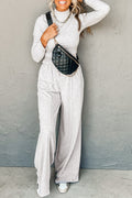 Light grey long sleeve high neck slim top with smocked waist and matching wide-leg pants set