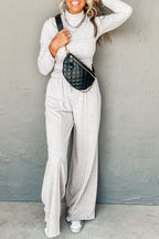 Light grey long sleeve high neck slim top with smocked waist and matching wide-leg pants set