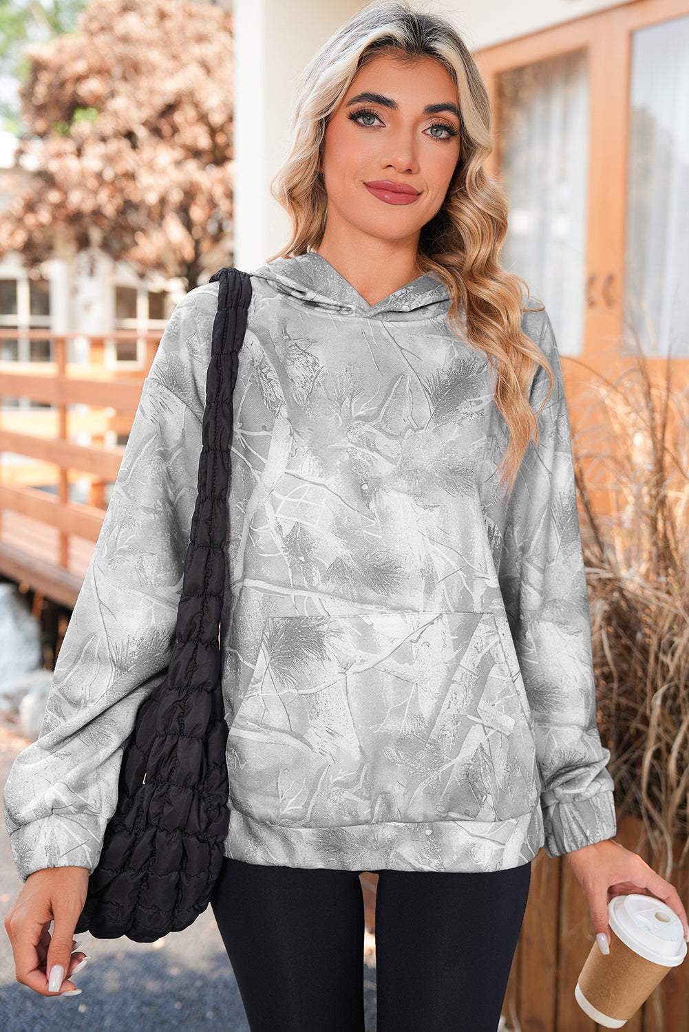 Beige Camouflage Plant Print Kangaroo Pocket Oversized Hoodie