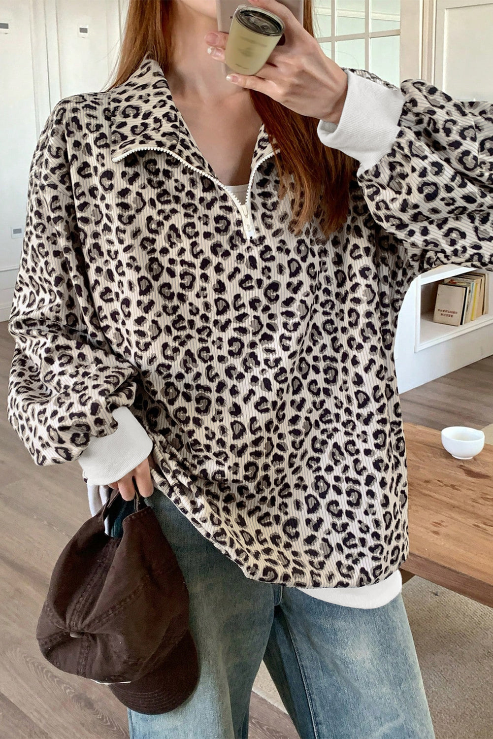 Brown Leopard Print Quarter Zip Corduroy Sweatshirt
