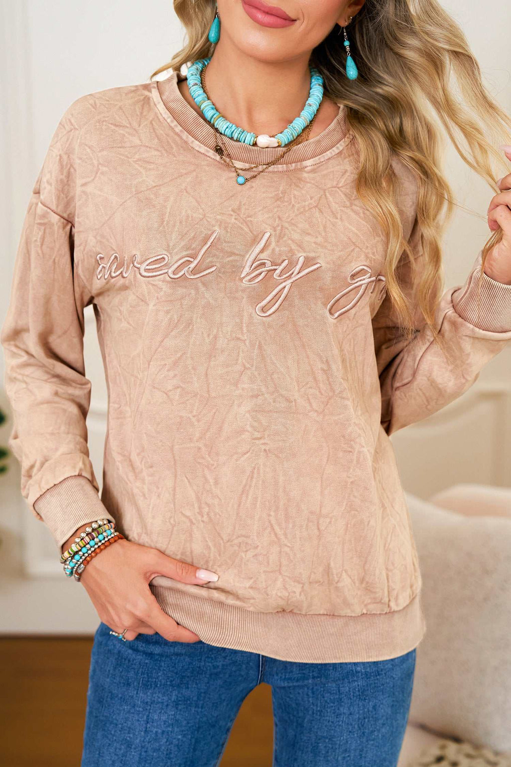 Sea Green saved by grace Letter Embroidery Mineral Wash Loose Sweatshirt