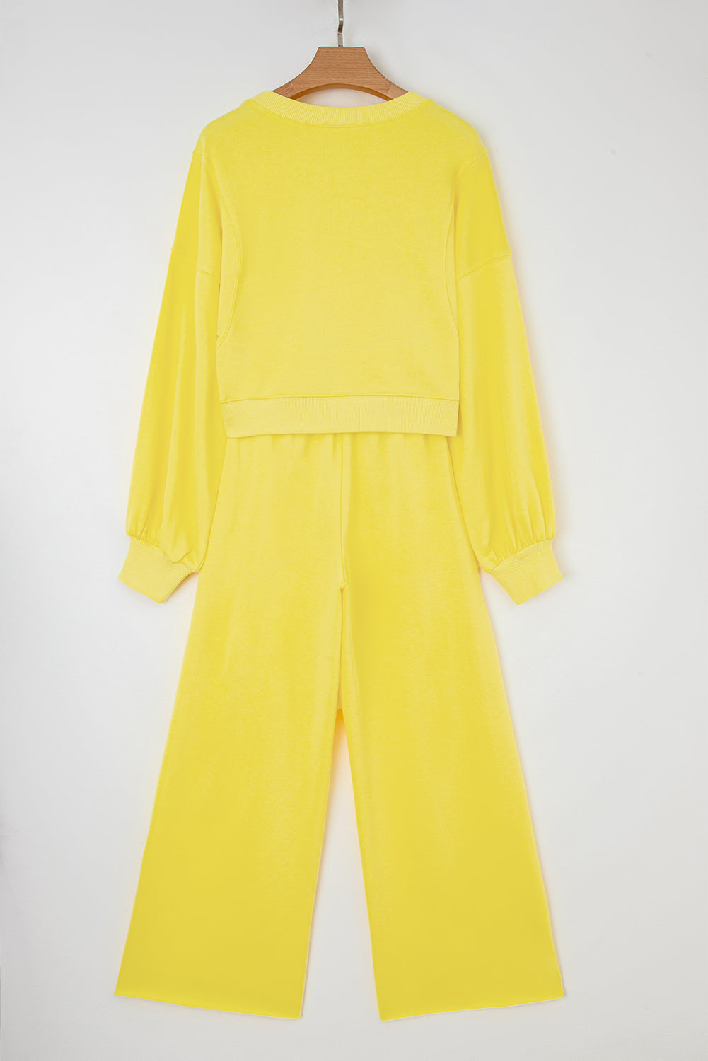 Yellow Cream Drop Shoulder Crop Pullover Drawstring Wide Leg Pants Set