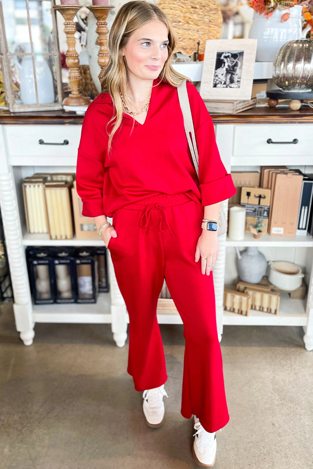 Fiery Red Plain V Neck Pullover Drawstring Bell Bottom Pants Set
