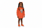 Child wearing orange Flower Skull Kids Eco Hoodie made from organic cotton and recycled polyester