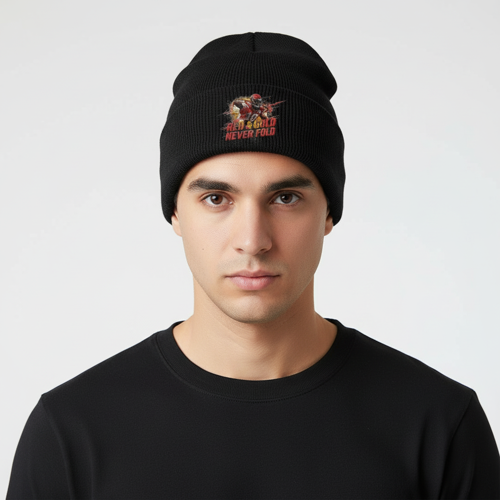 Red & Gold Never Fold Embroidered Beanie