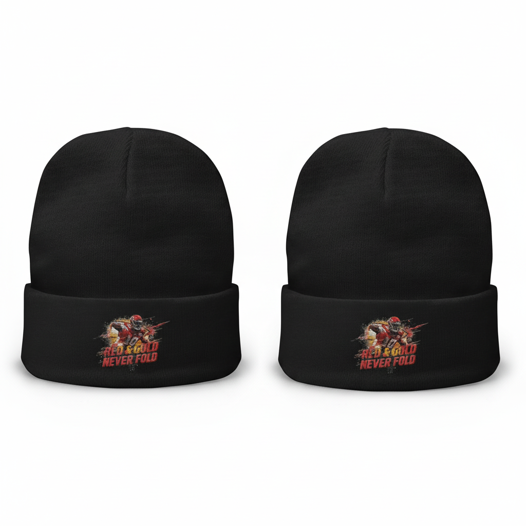 Red & Gold Never Fold Embroidered Beanie
