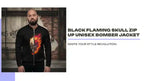 Black Flaming Skull Zip Up Unisex Bomber Jacket by@Outfy