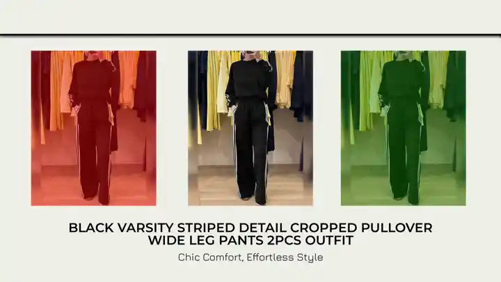 Black Varsity Striped Detail Cropped Pullover Wide Leg Pants 2pcs Outfit by@Outfy