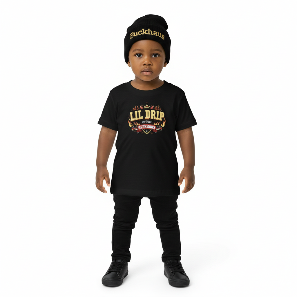 toddler wearing black Lil Drip Buckhaus short sleeve tee and matching beanie with colorful graphic print