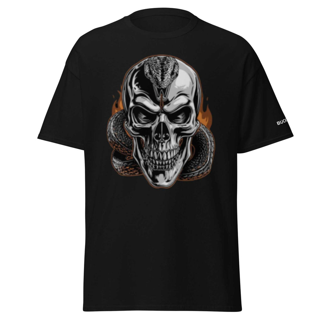 Black Flaming Snake Unisex classic tee with skull and snake flame design, 100% cotton, sharp structured fit, breathable streetwear style