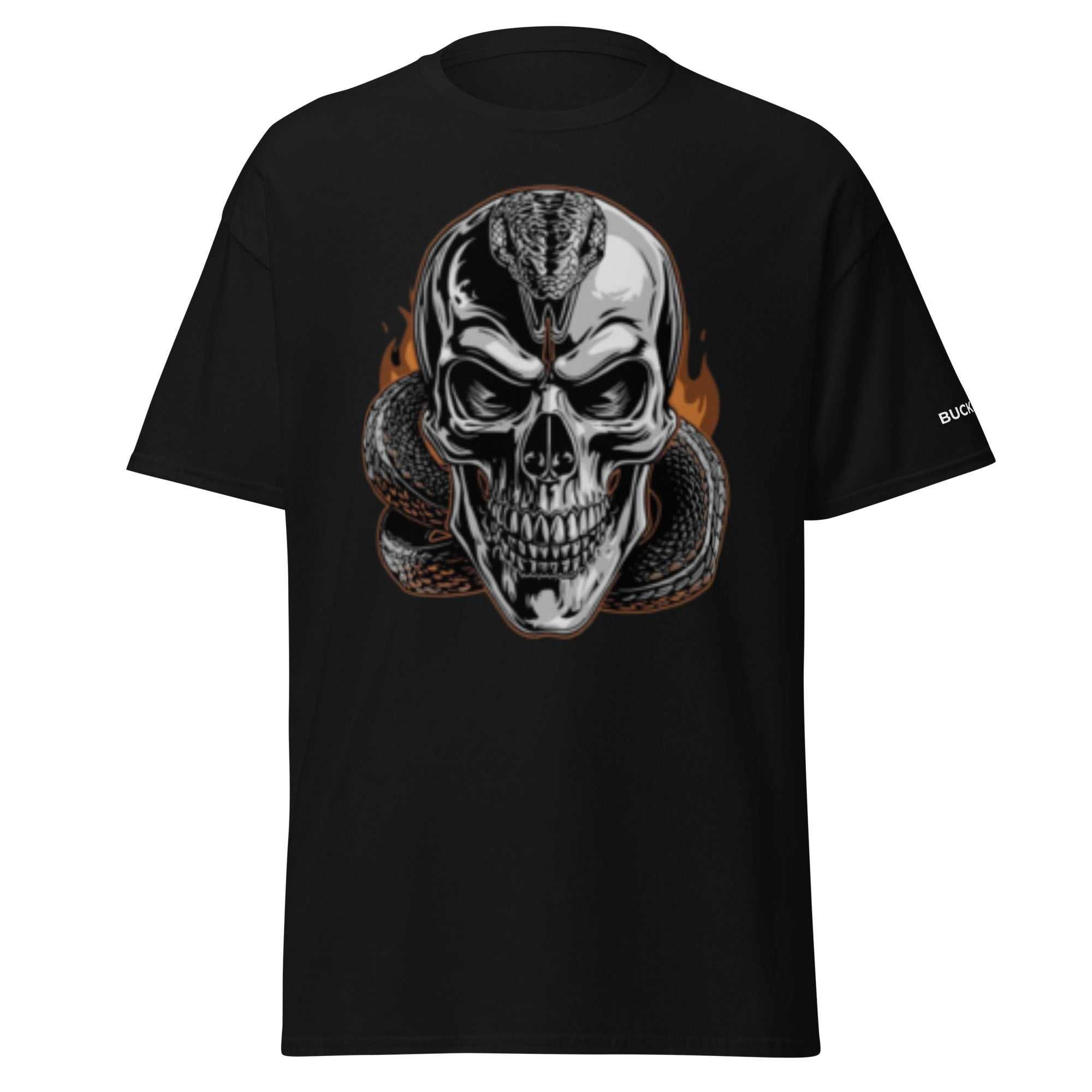 Black Flaming Snake Unisex classic tee with skull and snake flame design, 100% cotton, sharp structured fit, breathable streetwear style