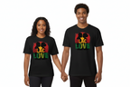 Couple wearing Black Love Unisex classic black tees with red, yellow, and green graphic design on front