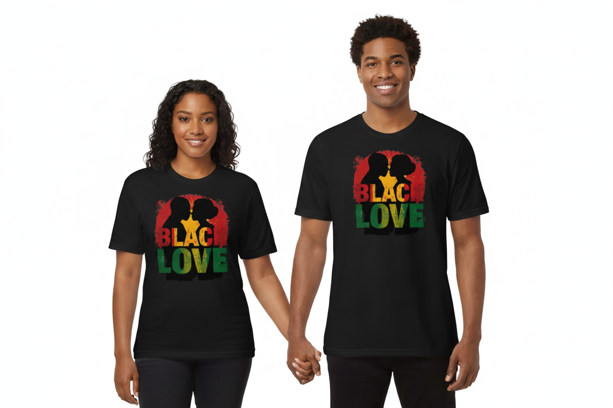 Couple wearing Black Love Unisex classic black tees with red, yellow, and green graphic design on front