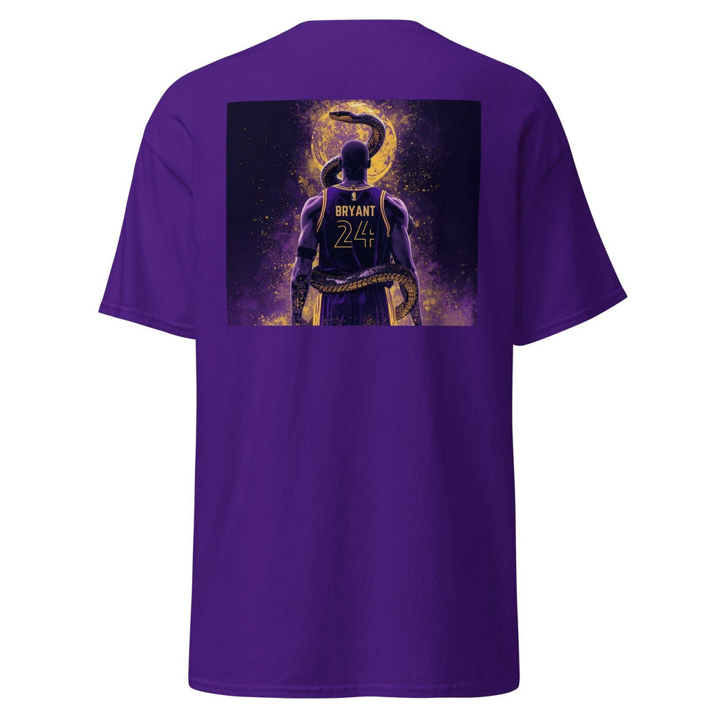 Unisex classic tee in purple with Black Mamba Bryant 24 graphic on back, short sleeve crew neck design