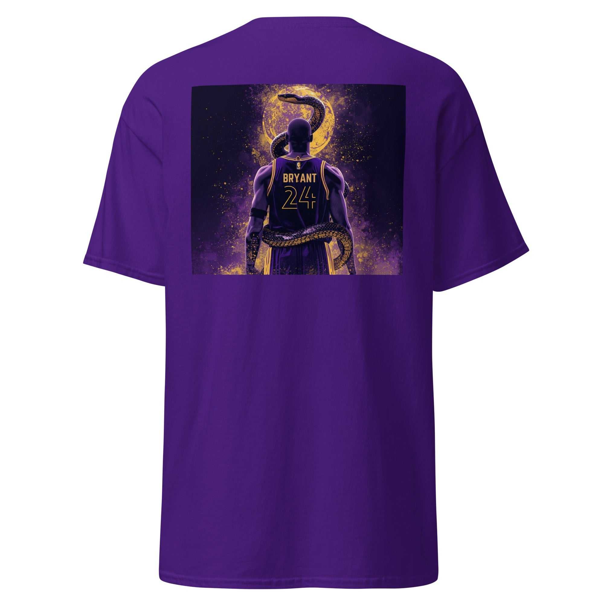 Unisex classic tee in purple with Black Mamba Bryant 24 graphic on back, short sleeve crew neck design
