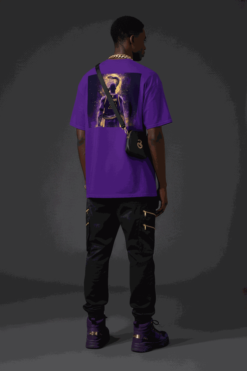 Unisex classic tee in purple with Black Mamba Bryant graphic on back, styled in casual streetwear