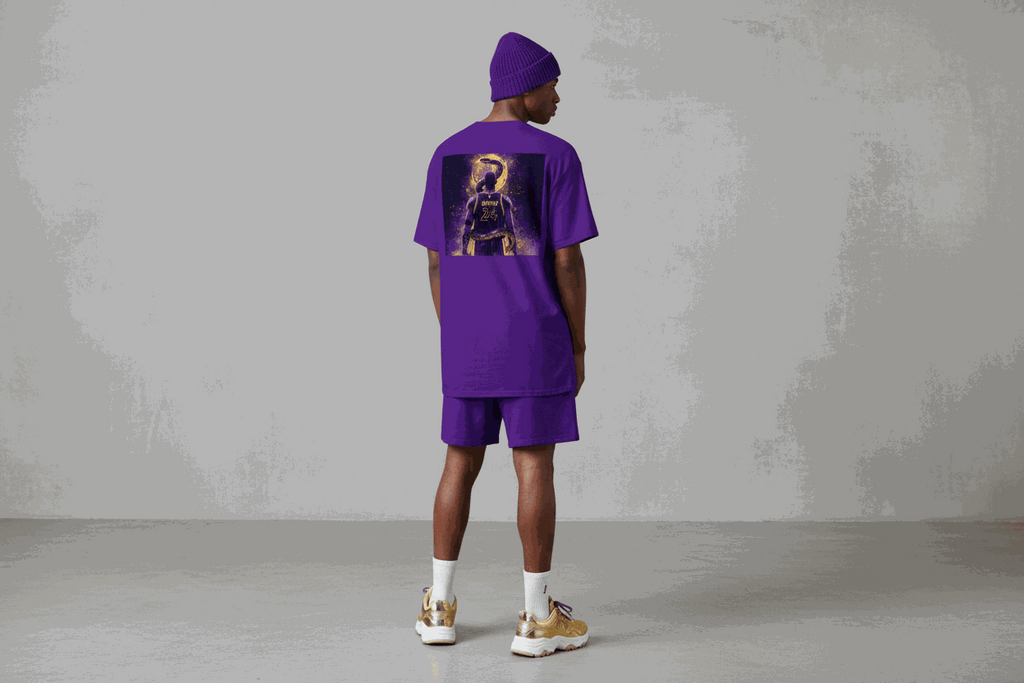 Unisex classic tee in purple featuring Kobe Bryant graphic on back, paired with matching shorts