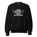 Black unisex sweatshirt with "Their Exit Was My Elevation" text and wing graphic, warm cotton-poly blend