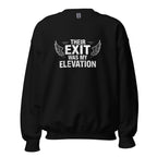 Black unisex sweatshirt with "Their Exit Was My Elevation" text and wing graphic, warm cotton-poly blend