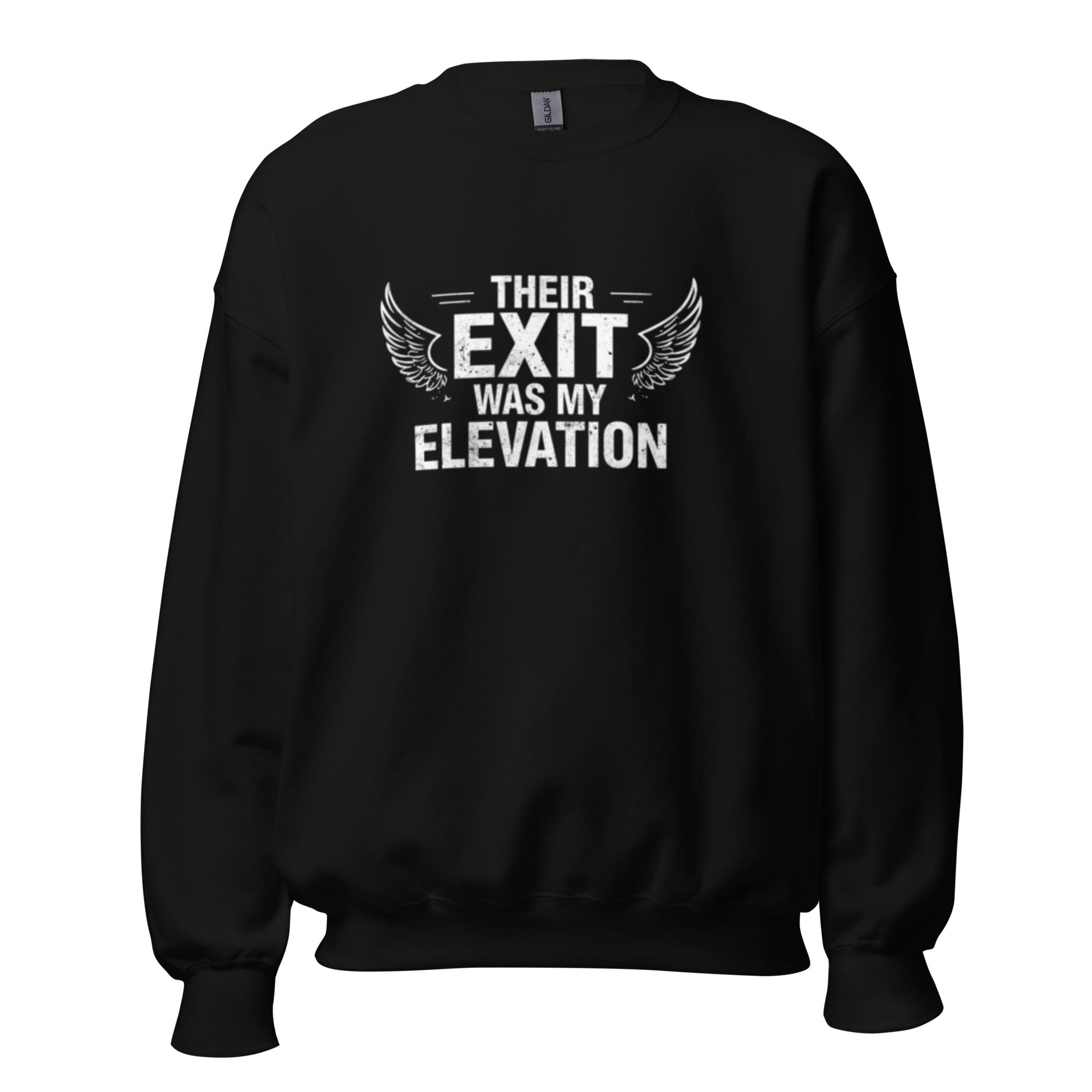 Black unisex sweatshirt with "Their Exit Was My Elevation" text and wing graphic, warm cotton-poly blend