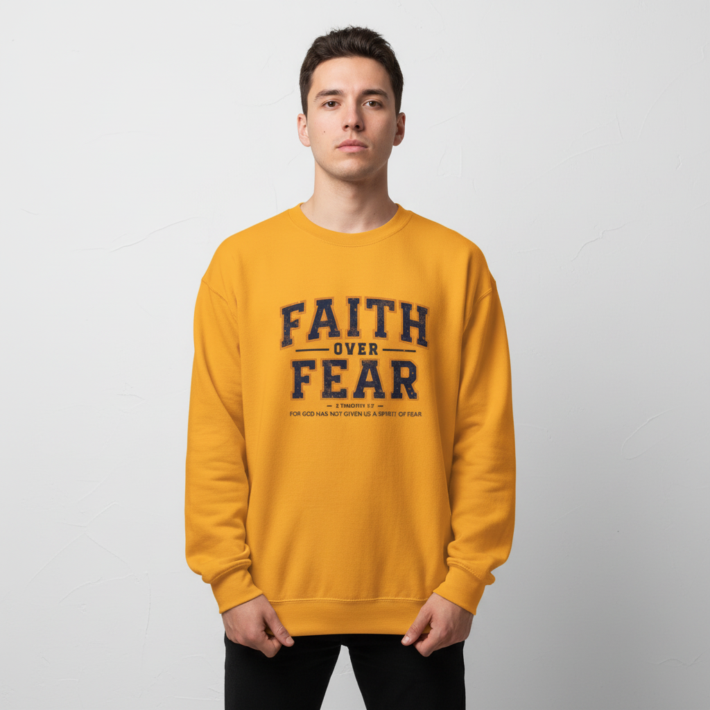 Man wearing mustard yellow Faith Over Fear sweatshirt with bold text design, classic fit, and ribbed cuffs in front of plain white background