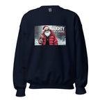 Navy unisex sweatshirt with "Naughty Is a Lifestyle" graphic featuring Santa in red jacket, cozy soft blend perfect for winter