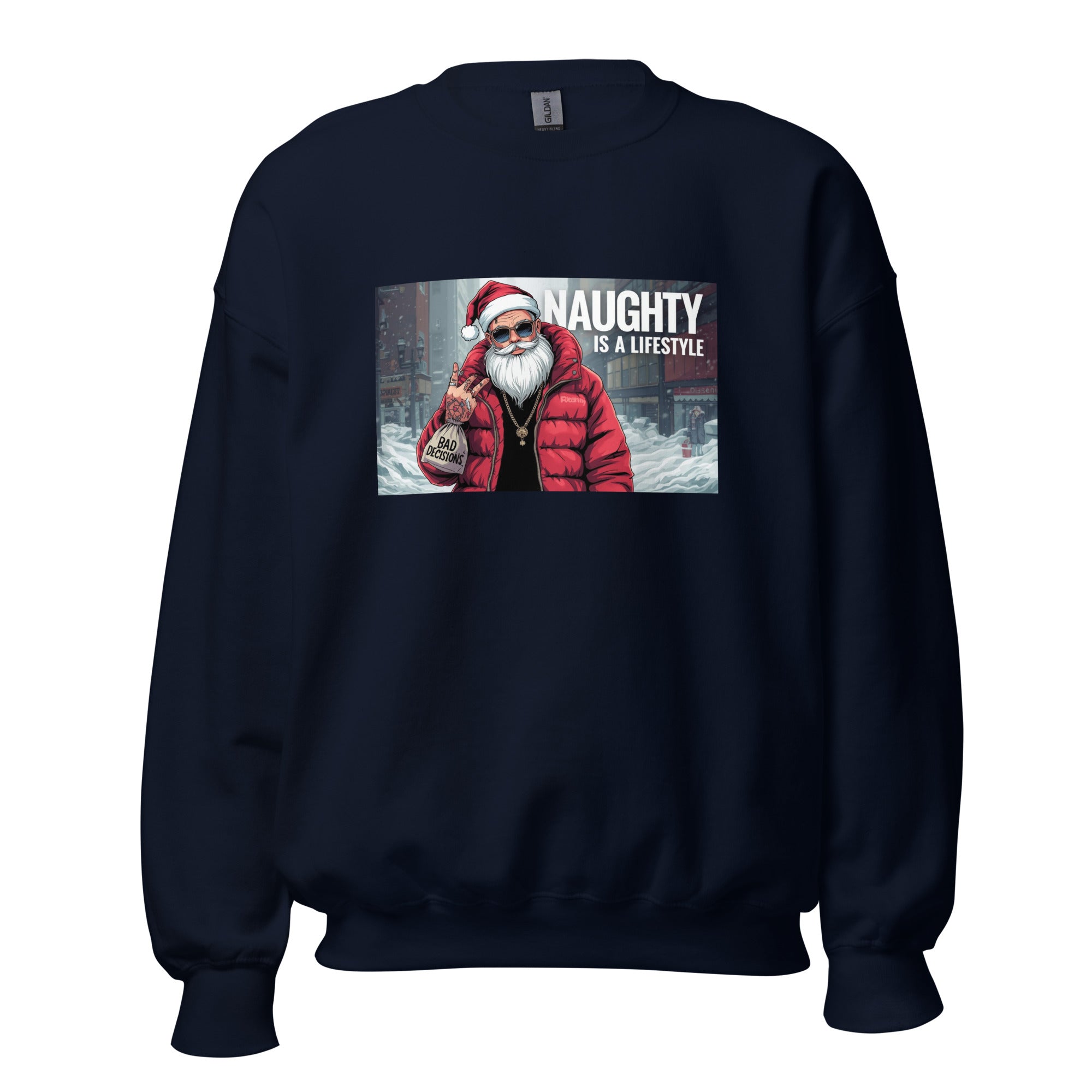 Navy unisex sweatshirt with "Naughty Is a Lifestyle" graphic featuring Santa in red jacket, cozy soft blend perfect for winter