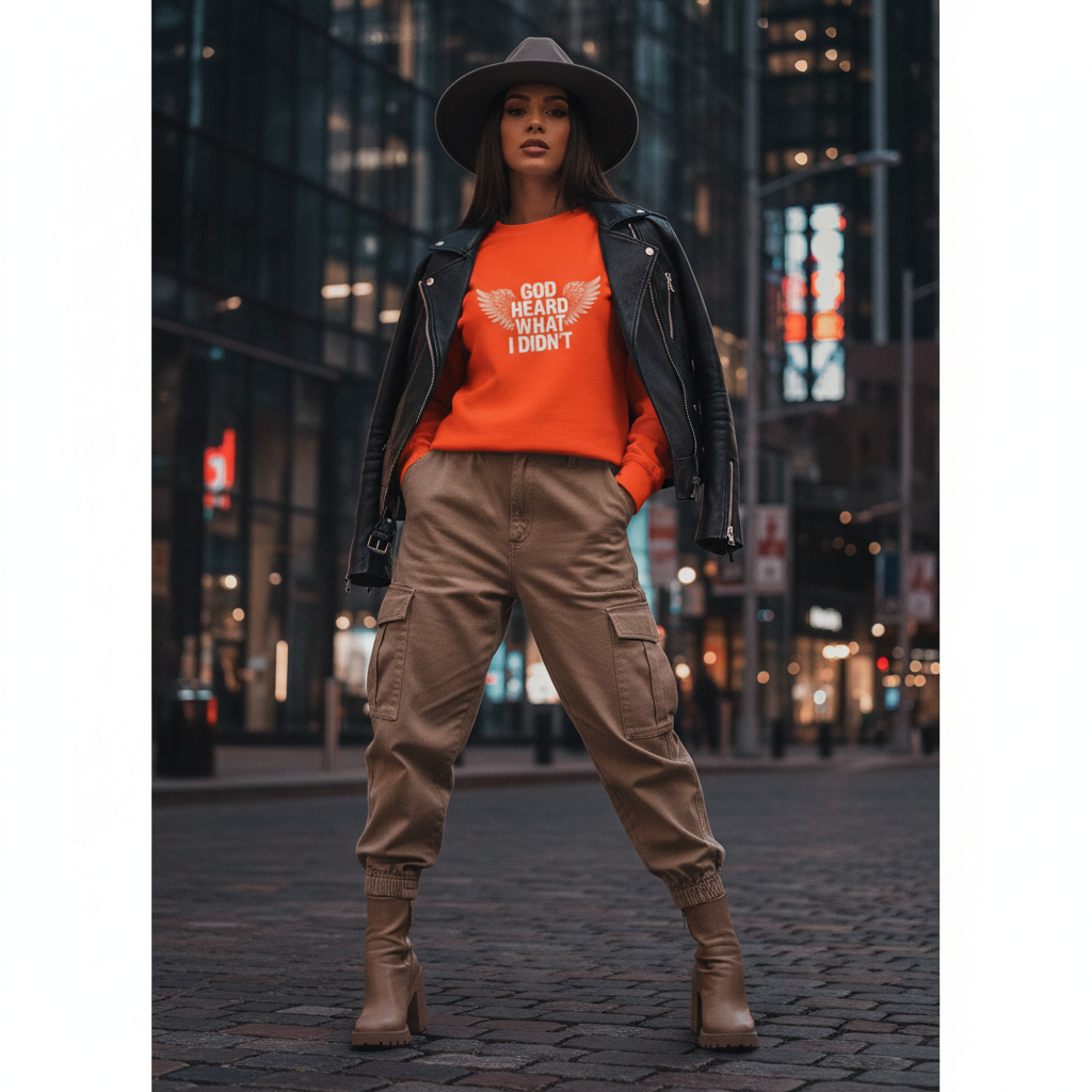 Woman wearing orange GOD Heard What I Didn't sweatshirt styled with black leather jacket and cargo pants in urban night setting