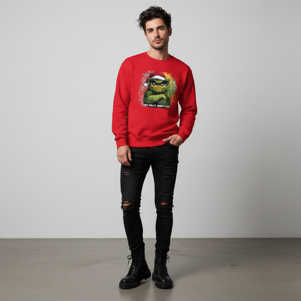 Unisex sweatshirt in red with "Not Jolly. Don't Ask" graphic, classic fit and soft air-jet spun yarn fabric