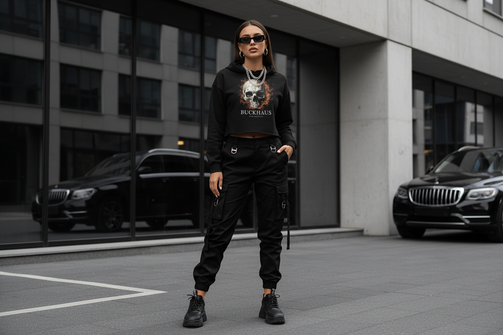 Buckhaus Cracked Skull Flame Women's Crop Hoodie - Premium Streetwear
